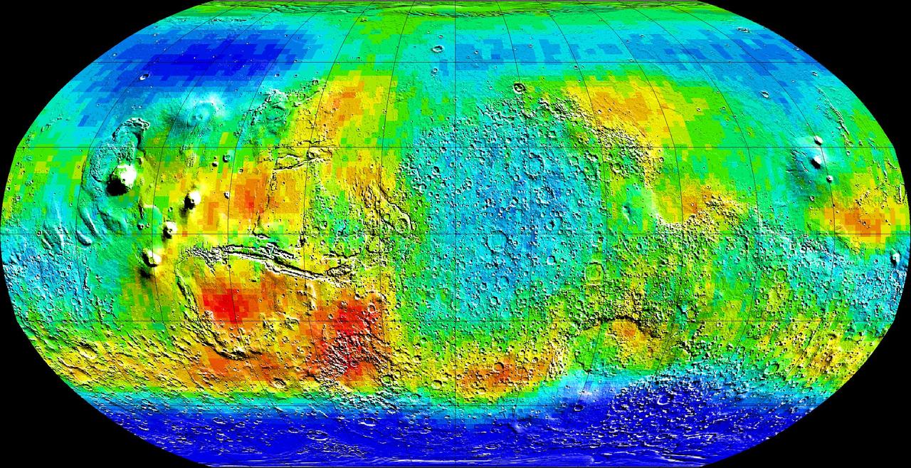 Observations by NASA's 2001 Mars Odyssey spacecraft show a global view of Mars in intermediate-energy, or epithermal, neutrons. Soil enriched by hydrogen is indicated by the deep blue colors on the map, which show a low intensity of epithermal neutrons. Progressively smaller amounts of hydrogen are shown in the colors light blue, green, yellow and red. The deep blue areas in the polar regions are believed to contain up to 50 percent water ice in the upper one meter (three feet) of the soil. Hydrogen in the far north is hidden at this time beneath a layer of carbon dioxide frost (dry ice). Light blue regions near the equator contain slightly enhanced near-surface hydrogen, which is most likely chemically or physically bound because water ice is not stable near the equator. The view shown here is a map of measurements made during the first three months of mapping using the neutron spectrometer instrument, part of the gamma ray spectrometer instrument suite. The central meridian in this projection is zero degrees longitude. Topographic features are superimposed on the map for geographic reference. http://photojournal.jpl.nasa.gov/catalog/PIA03800