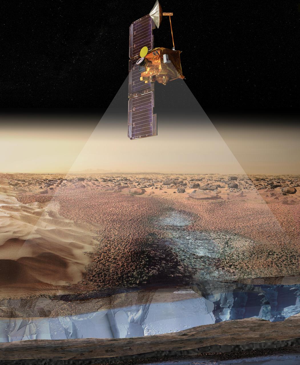 This artist rendering portrays ice-rich layers in the soils of Mars being detected by instruments aboard NASA 2001 Mars Odyssey spacecraft.