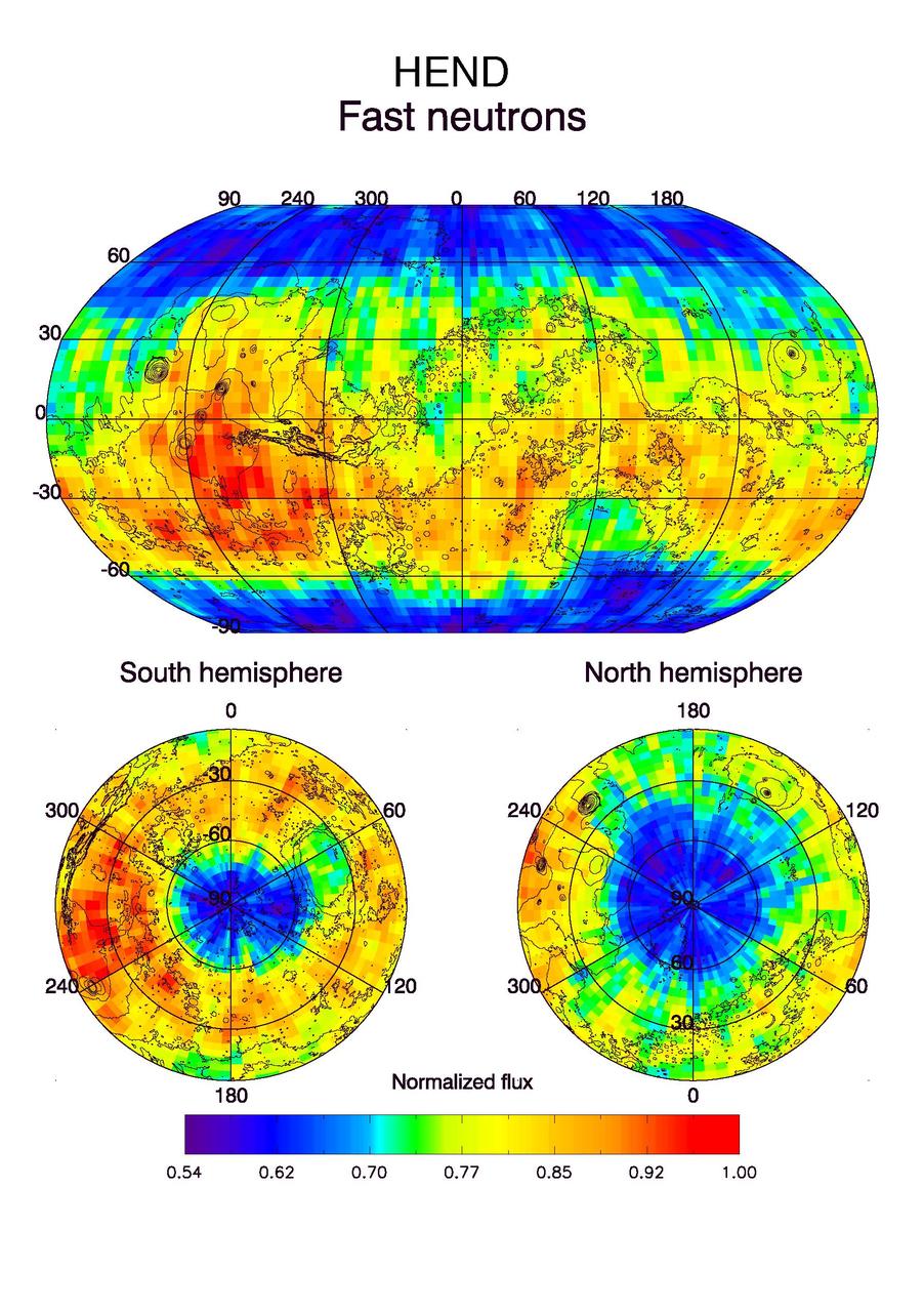 Observations by NASA Mars Odyssey spacecraft show a global view of Mars in high-energy, or fast, neutrons.
