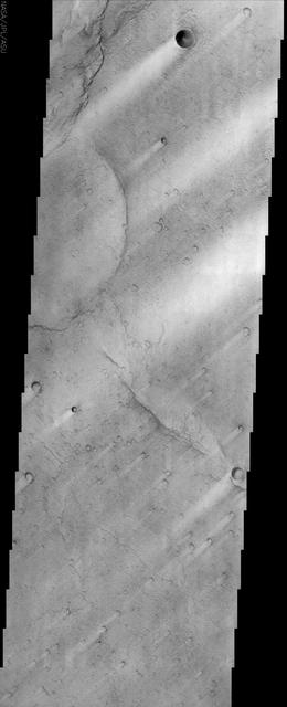 This image from NASA Mars Odyssey spacecraft shows a location close to Mars equator, near the southern edge of a low, broad volcanic feature called Syrtis Major.
