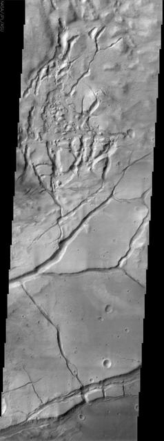 The fractured surface shown in this image from NASA Mars Odyssey spacecraft belongs to a portion of a region called Gorgonum Chaos located in the southern hemisphere of Mars.