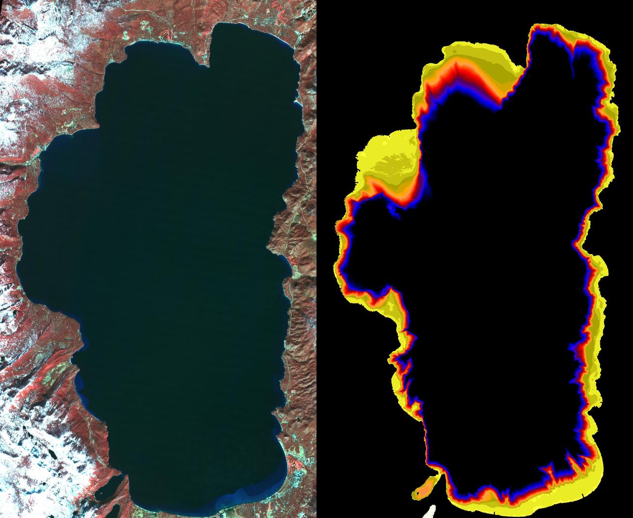 Images from the Advanced Spaceborne Thermal Emission and Reflection Radiometer aboard NASA's Terra satellite, launched in 1999, illustrate the state of gradually decreasing water clarity at Lake Tahoe, one of the clearest lakes in the world. The images are available at: http://asterweb.jpl.nasa.gov/default.htm.  In the image on the left, acquired in November 2000, vegetation can be seen in red. The image on the right, acquired at the same time by a different spectral band of the instrument, is color-coded to show the bottom of the lake around the shoreline. Where the data are black, the bottom cannot be seen.  Scientists monitoring the lake's water clarity from boat measurements obtained since 1965 have discovered that the lake along the California-Nevada border has lost more than one foot of visibility each year, according to the Lake Tahoe Watershed Assessment, a review of scientific information about the lake undertaken at the request of President Clinton and published in February 2000. The most likely causes are increases in algal growth, sediment washed in from surrounding areas and urban growth and development.  http://photojournal.jpl.nasa.gov/catalog/PIA03854