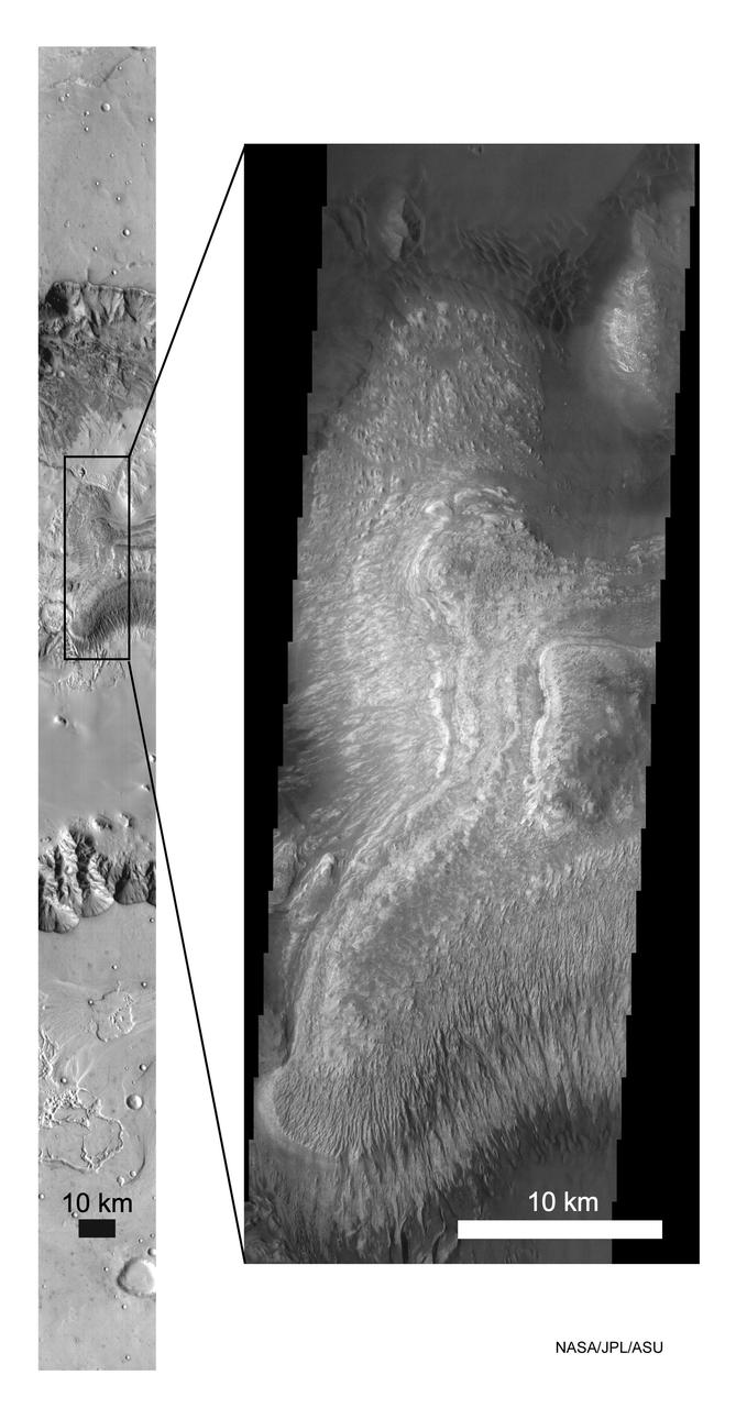 These NASA Mars Odyssey images show layered deposits located on the floor of Ganges Chasma, part of the Valles Marineris canyon system, in both infrared left and visible right wavelengths.