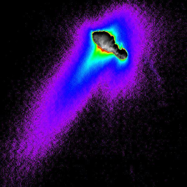 A composite of images from NASA Deep Space 1 spacecraft shows features of comet Borrelly nucleus, dust jets escaping the nucleus and the cloud-like coma of dust and gases surrounding the nucleus.