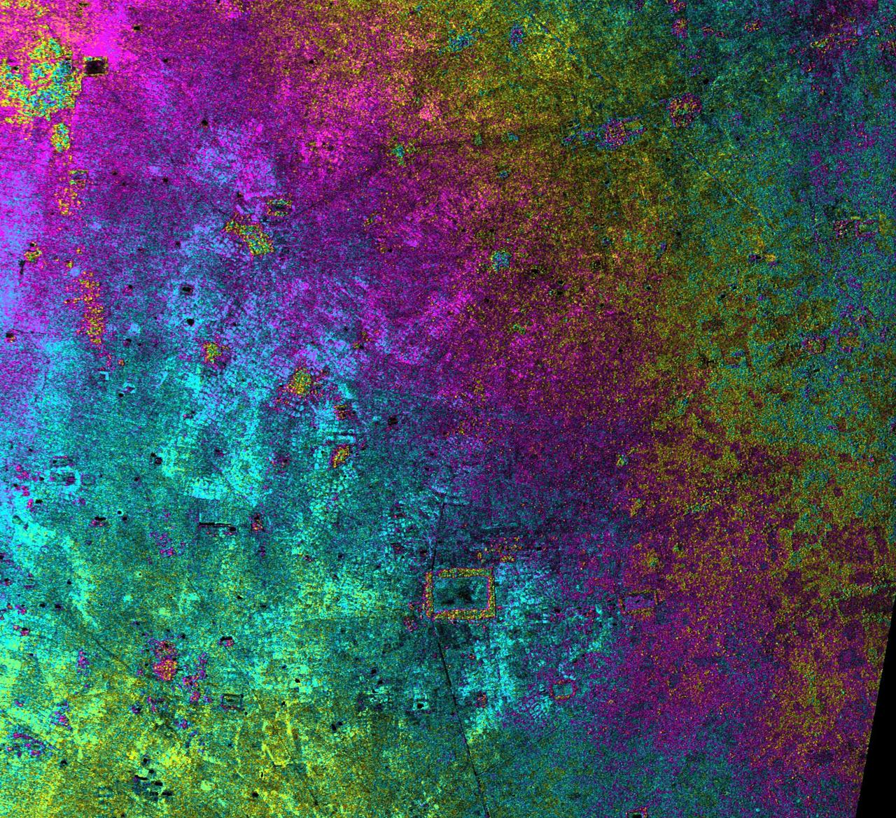 This radar image, taken by NASA Airborne Synthetic Aperture Radar AIRSAR in 2002, shows Nokor Pheas Trapeng, Cambodia.