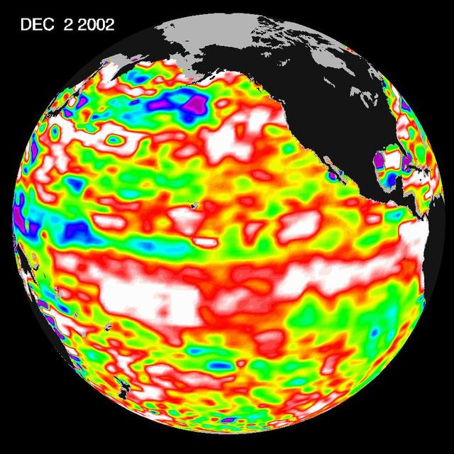 The latest image from NASA Jason oceanography satellite, taken during a 10-day collection cycle ending December 2, 2002, shows the Pacific dominated by two significant areas of higher-than-normal sealevel warmer ocean temperatures.