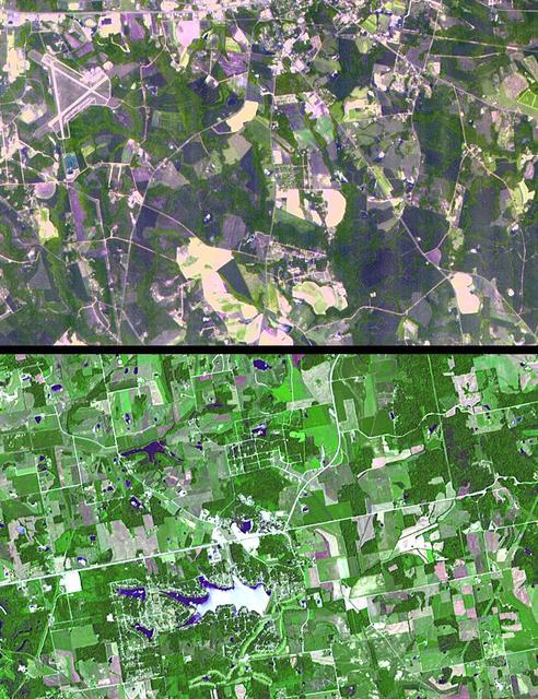 The towns of Santa Claus, Ga., (top) and Santa Claus, Ind. (bottom), are shown in these two images from the Advanced Spaceborne Thermal Emission and Reflection Radiometer (ASTER) instrument on NASA's Terra satellite. They are the only two Santa Claus towns in the United States with post offices and zip codes, although there are 11 towns with this name in the United States. Santa Claus, Ga. is located in Toombs County, and has a population of 237. Santa Claus, Ind. is located in Spencer County, and has a population of 2,041. Its name was accepted by the United States Postal Service in 1856. The images were acquired on July 3, 2000 (top) and June 16, 2001 (bottom), respectively.  http://photojournal.jpl.nasa.gov/catalog/PIA03891