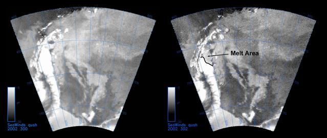 The SeaWinds instrument on NASA Quick Scatterometer QuikScat spacecraft captured these near-real-time backscatter images of melting on the Larsen C ice shelf in Antarctica Weddell Sea between October 27 left and October 29 right.