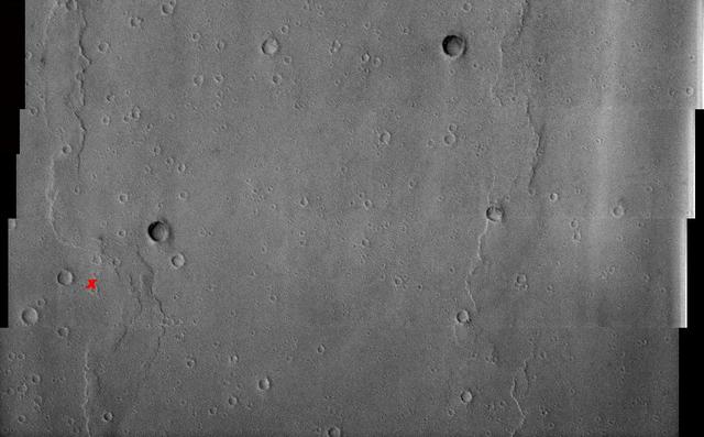 NASA Viking 1 landing site is shown in this commemorative image from NASA Mars Odyssey spacecraft to celebrate the July 20, 1969 and 1976 anniversaries of NASA Apollo 11 and Viking 1 landings on the Moon and Mars, respectively.