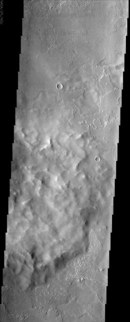 Located roughly equidistant between two massive volcanoes, the approximately 60 km Poynting Crater and its ejecta, shown in this image from NASA Mars Odyssey spacecraft, have experienced an onslaught of volcanic activity.