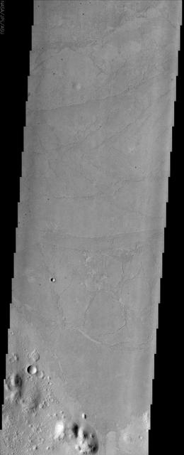 The lowland plains of Elysium Planitia contains a terrain that puzzles Mars scientists. Landforms in the region are the plates and ridges seen throughout most of this image from NASA Mars Odyssey.