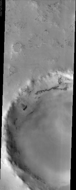 This image from NASA Mars Odyssey spacecraft displays a frosted crater in the Martian northern hemisphere. It was taken during the northern spring, when the CO2 ice cap starts to sublimate and recede.