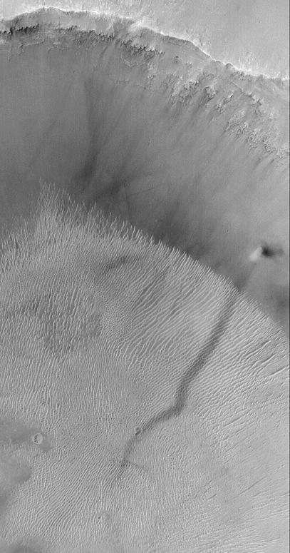 A Dust Devil Making a Streak and Climbing a Crater Wall