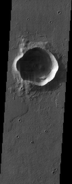 The irregularly shaped rim of the bowl-shaped impact crater in this NASA Mars Odyssey image is most likely due to erosion and the subsequent infilling of sediment.