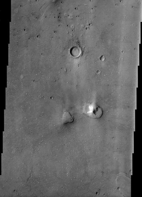 This image from NASA Mars Odyssey spacecraft of the northern plains of Mars shows a surface texture of hundreds of small mounds and numerous small impact craters.