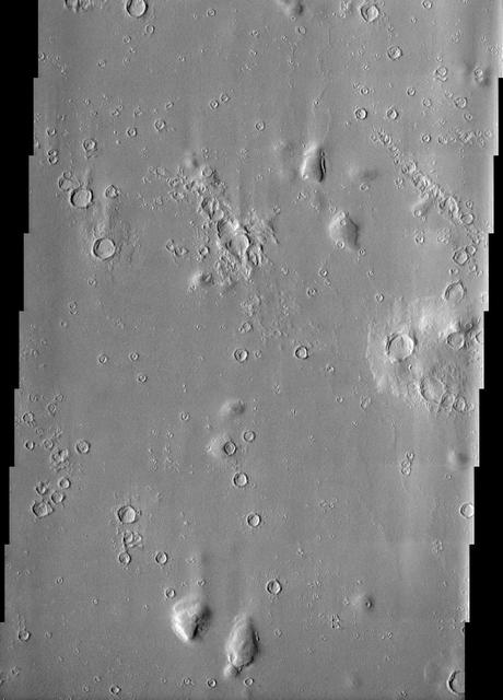 Impact craters in Hecates Tholus, as seen in this image from NASA Mars Odyssey spacecraft, appear to be filled with sediment derived from erosion of the surrounding terrain.