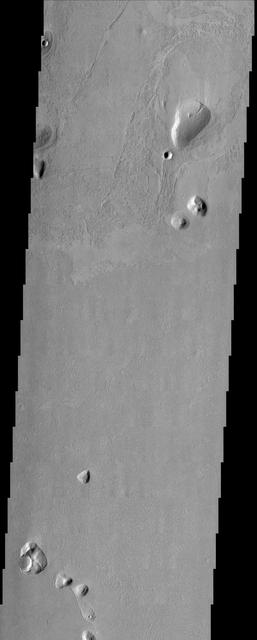 Islands of older high-standing terrain rise above a sea of relatively young, platy lava flows between two of the largest volcanoes in the solar system in this image from NASA Mars Odyssey spacecraft.