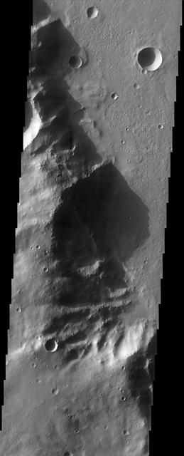 In this image from NASA Mars Odyssey, the late afternoon sun casts a shadow over a rim of Huygens Crater that 700 meters nearly 2,300 feet high.
