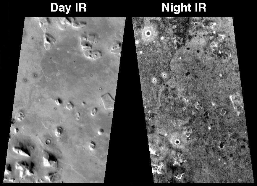 This pair of infrared images from NASA Mars Odyssey spacecraft shows the so-called face on Mars landform viewed during both the day and night.