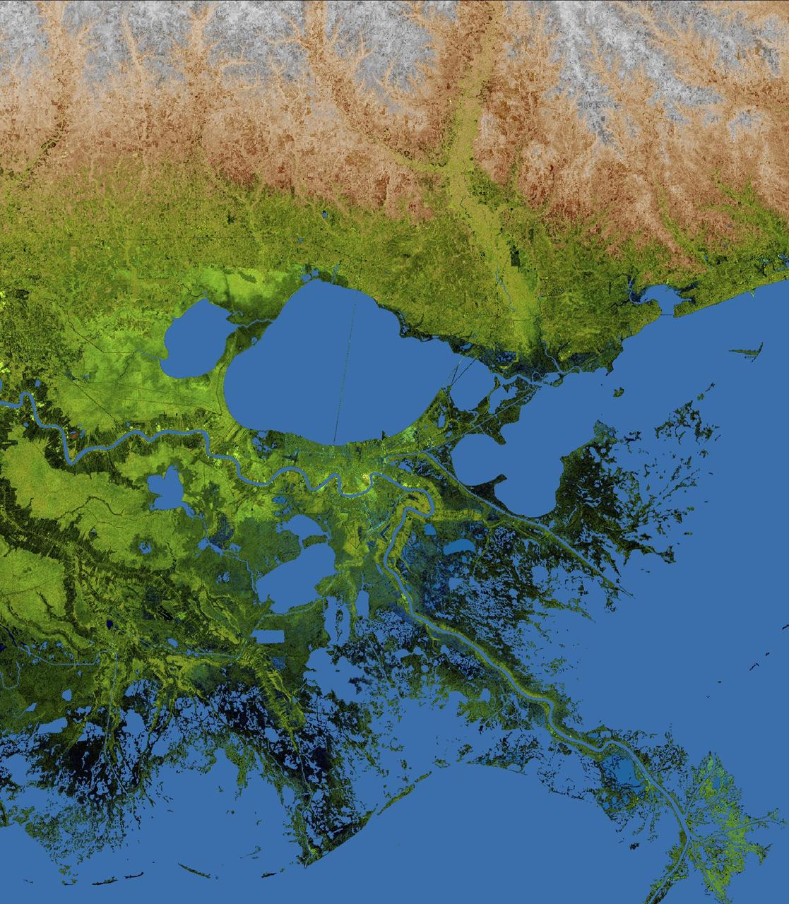The geography of the New Orleans and Mississippi delta region is well shown in this radar image from the Shuttle Radar Topography Mission. In this image, bright areas show regions of high radar reflectivity, such as from urban areas, and elevations have been coded in color using height data also from the mission. Dark green colors indicate low elevations, rising through yellow and tan, to white at the highest elevations.  New Orleans is situated along the southern shore of Lake Pontchartrain, the large, roughly circular lake near the center of the image. The line spanning the lake is the Lake Pontchartrain Causeway, the world's longest over water highway bridge. Major portions of the city of New Orleans are below sea level, and although it is protected by levees and sea walls, flooding during storm surges associated with major hurricanes is a significant concern.   http://photojournal.jpl.nasa.gov/catalog/PIA04175