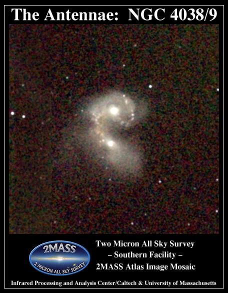 Atlas Image mosaic, covering 7 x 7 on the sky of the interacting galaxies NGC 4038 and NGC 4039, better known as the Antennae, or Ring Tail galaxies. The two galaxies are engaged in a tug-of-war as they collide. 