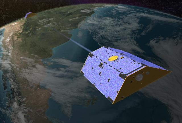 Artist concept of the Gravity Recovery and Climate Experiment GRACE from December 2002.  http://photojournal.jpl.nasa.gov/catalog/PIA04236