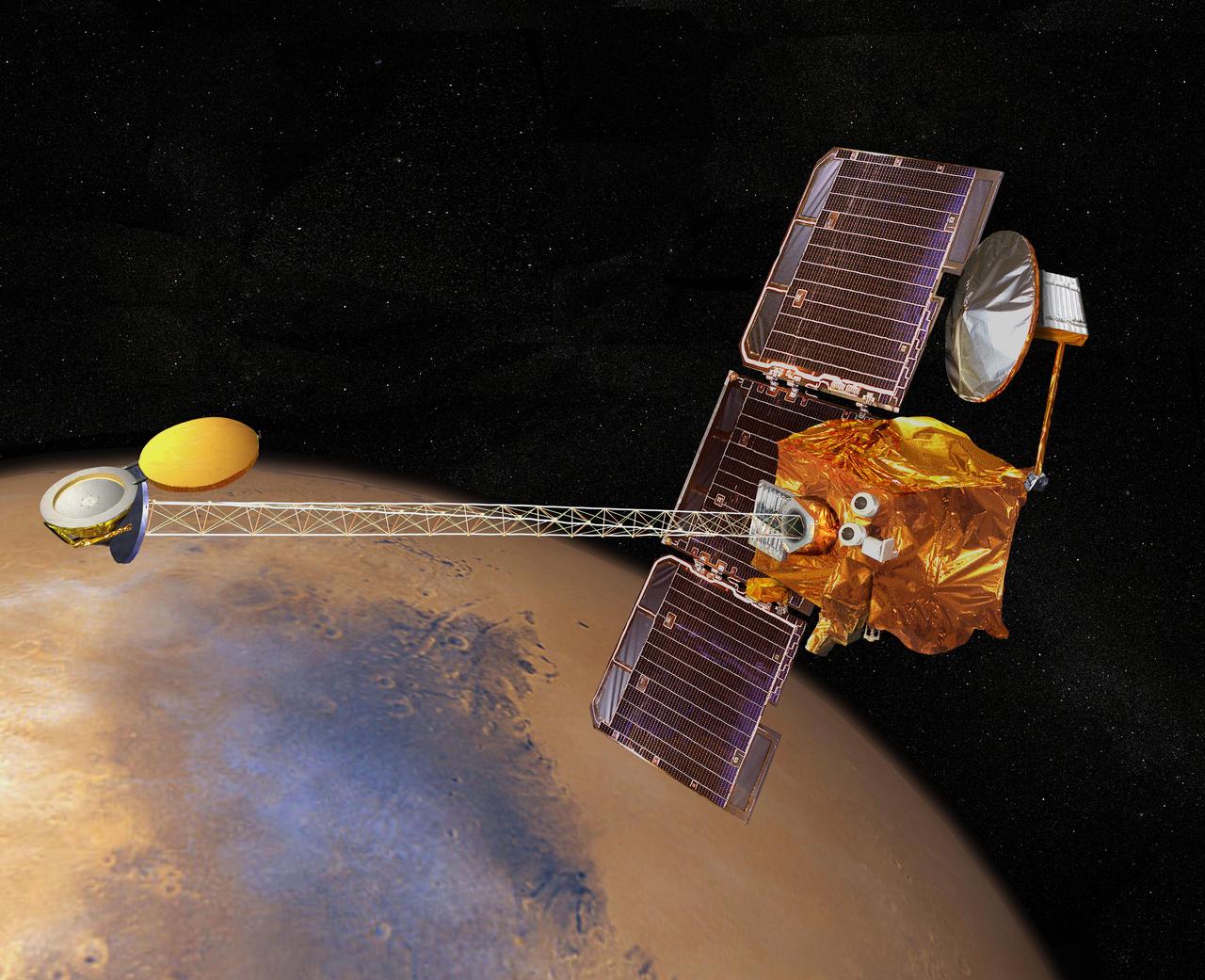 Artist concept of NASA's 2001 Mars Odyssey spacecraft.  http://photojournal.jpl.nasa.gov/catalog/PIA04244
