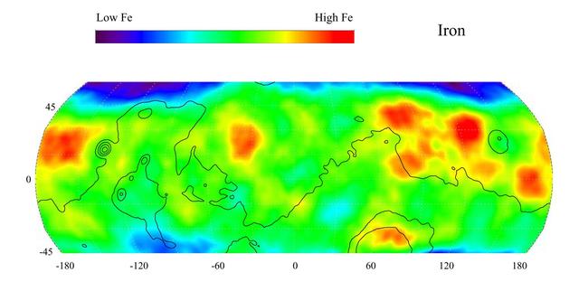 This gamma ray spectrometer map from NASA Mars Odyssey of the mid-latitude region of Mars is based on gamma-rays from the element iron, one of the most abundant elements on Mars and Earth. It is responsible for the red color on the surface of Mars.