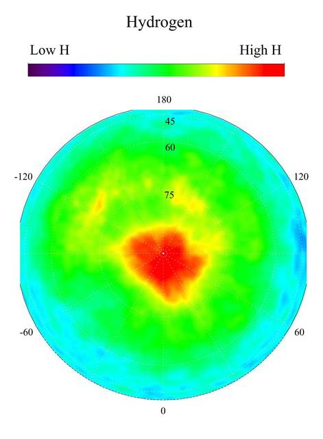 This gamma ray spectrometer map centered on the north pole of Mars is based on gamma-rays from the element hydrogen. In this region, hydrogen is mainly in the form of water ice. Regions of high ice content are shown in red and those low in ice content are shown in blue. The very ice-rich region at the north pole is due to a permanent polar cap of water ice on the surface. Elsewhere in this region, the ice is buried under several to a few tens of centimeters of dry soil. The sub-surface ice is not uniformly distributed in the north, but varies with both latitude and longitude. In the north, the soil is well over 50 percent ice, which is more than can be accommodated by just filling the pore space in pre-existing soil. This high ice content implies that the ice may have been slowly co-deposited with dust in the past when conditions were wetter. Deposition of ice by this process means it is more likely that the ice deposits are very thick and may even be deep enough to have liquid water at their base.  http://photojournal.jpl.nasa.gov/catalog/PIA04254