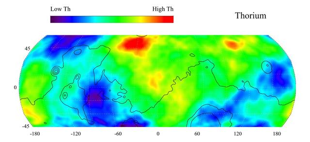 This gamma ray spectrometer map of the mid-latitude region of Mars is based on gamma-rays from the element thorium. Thorium is a naturally radioactive element that exists in rocks and soils in extremely small amounts. The region of highest thorium content, shown in red, is found in the northern part of Acidalia Planitia (50 degrees latitude, -30 degrees longitude). Areas of low thorium content, shown in blue, are spread widely across the planet with significant low abundances located to the north of Olympus Mons (near 55 degrees latitude, -155 degrees longitude), to the east of the Tharsis volcanoes (-10 degrees latitude, -80 degrees longitude) and to the south and east of Elysium Mons (20 degrees latitude, 160 degrees longitude). Contours of constant surface elevation are also shown. The long continuous contour line running from east to west marks the approximate separation of the younger lowlands in the north from the older highlands in the south.  http://photojournal.jpl.nasa.gov/catalog/PIA04257