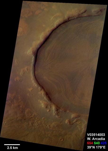 This is a Mars Odyssey visible color image of an unnamed crater in western Arcadia Planitia (near 39 degrees N, 179 degrees E). The crater shows a number of interesting internal and external features that suggest that it has undergone substantial modification since it formed. These features include concentric layers and radial streaks of brighter, redder materials inside the crater, and a heavily degraded rim and ejecta blanket. The patterns inside the crater suggest that material has flowed or slumped towards the center. Other craters with features like this have been seen at both northern and southern mid latitudes The distribution of these kinds of craters suggests the possible influence of surface or subsurface ice in the formation of these enigmatic features. The image was taken on September 29, 2002 during late northern spring. This is an approximate true color image, generated from a long strip of visible red (654 nm), green (540 nm), and blue (425 nm) filter images that were calibrated using a combination of pre-flight measurements and Hubble images of Mars. The colors appear perhaps a bit darker than one might expect; this is most likely because the images were acquired in late afternoon (roughly 4:40 p.m. local solar time) and the low Sun angle results in an overall darker surface. http://photojournal.jpl.nasa.gov/catalog/PIA04263