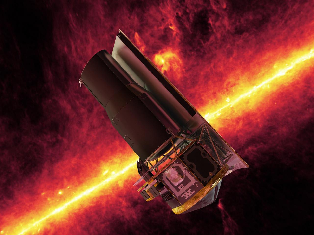 NASA Spitzer Space Telescope whizzes in front of a brilliant, infrared view of the Milky Way galaxy plane in this artistic depiction.