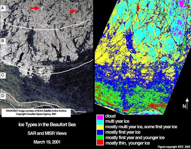 Sea ice in the Beaufort Sea off the north coast of Alaska was classified and mapped in these concurrent images acquired March 19, 2001 by NASA Terra spacecraft.