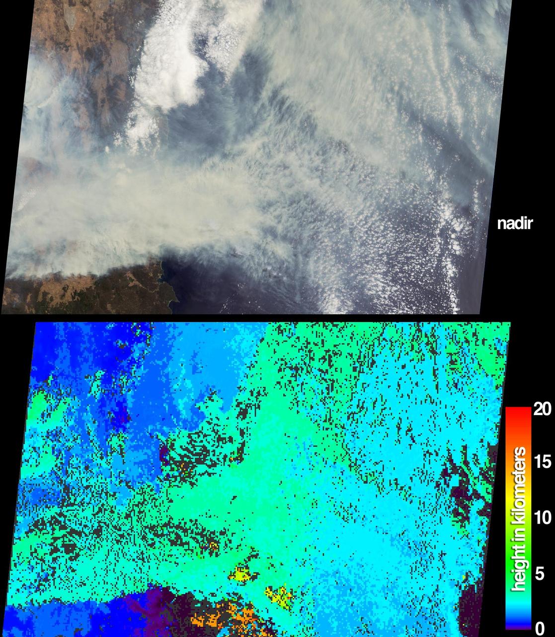 The height and extent of billowing smoke plumes from bushfires near Canberra, the Australian capital, are illustrated by these views from NASA Terra spacecraft acquired on January 18, 2003.