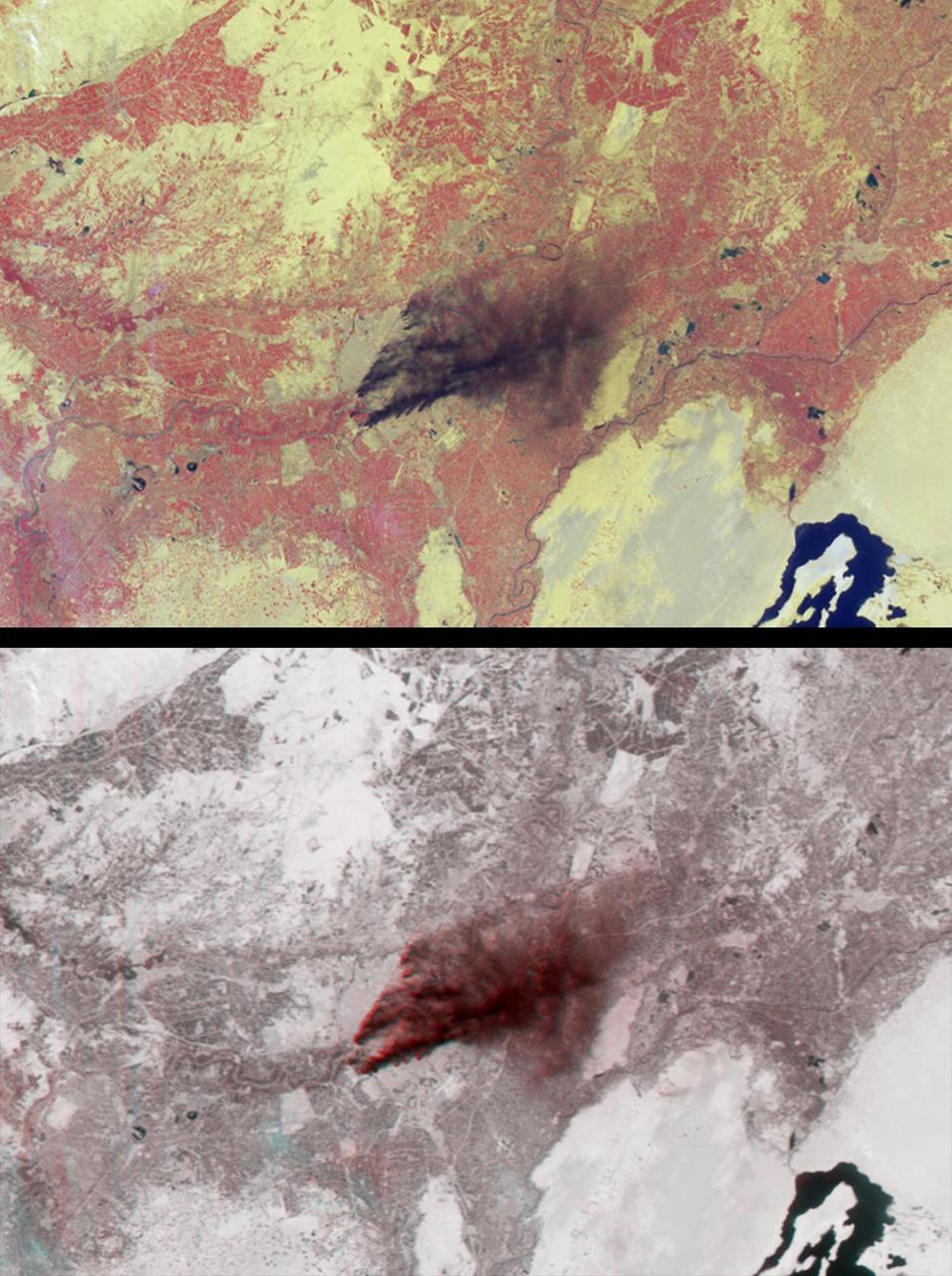 Dark smoke from oil fires extend for about 60 kilometers south of Iraq capital city of Baghdad in this anaglyph acquired by the MISR instrument aboard NASA Terra spacecraft on April 2, 2003. 3D glasses are necessary to view this image.