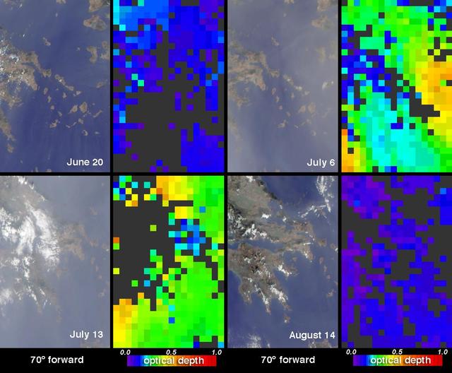 Strong synoptic winds disperse pollutants over the skies of Greece and the Aegean Sea during winter months as sen in this image from NASA Terra spacecraft captured in 2002.