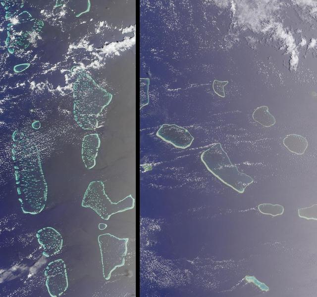 NASA image: Where on Earth...? MISR Mystery Image Quiz 16:<br .>Maldives in the Indian Ocean and Tuamotu, French Polynesia