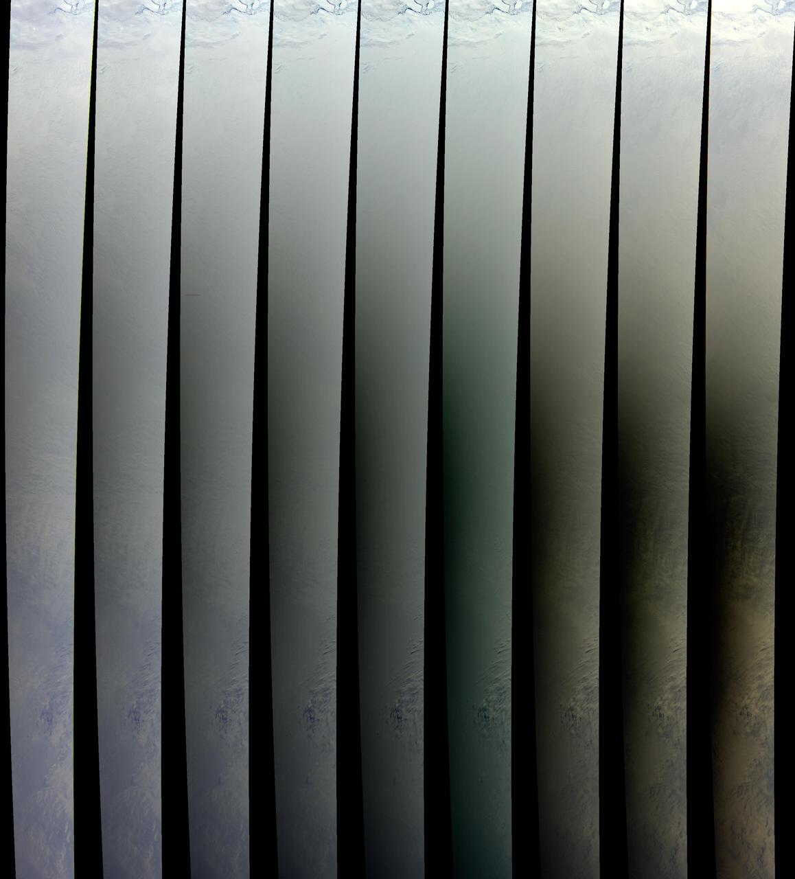 Within that narrow window during a solar eclipse where one on Earth can watch the Moon shadow obscure more than 90% of the Sun, NASA Terra spacecraft captured these views of the Antarctic surface during the total solar eclipse of November 23, 2003.