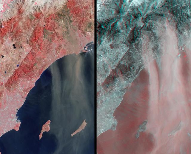 This anaglyph from the MISR instrument aboard NASA Terra spacecraft shows Santa Ana winds swept large amounts of dust and ash across the skies of San Diego and over the Pacific Ocean. 3D glasses are necessary to view this image.