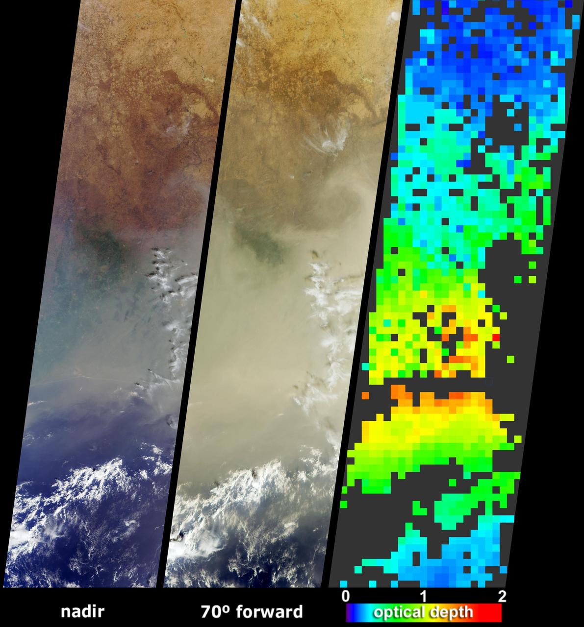 NASA Terra spacecraft saw a pall of smoke and dust largely obscured the nations of Cote dIvoire, Ghana, Burkina Faso and southern Mali on January 12, 2004. 