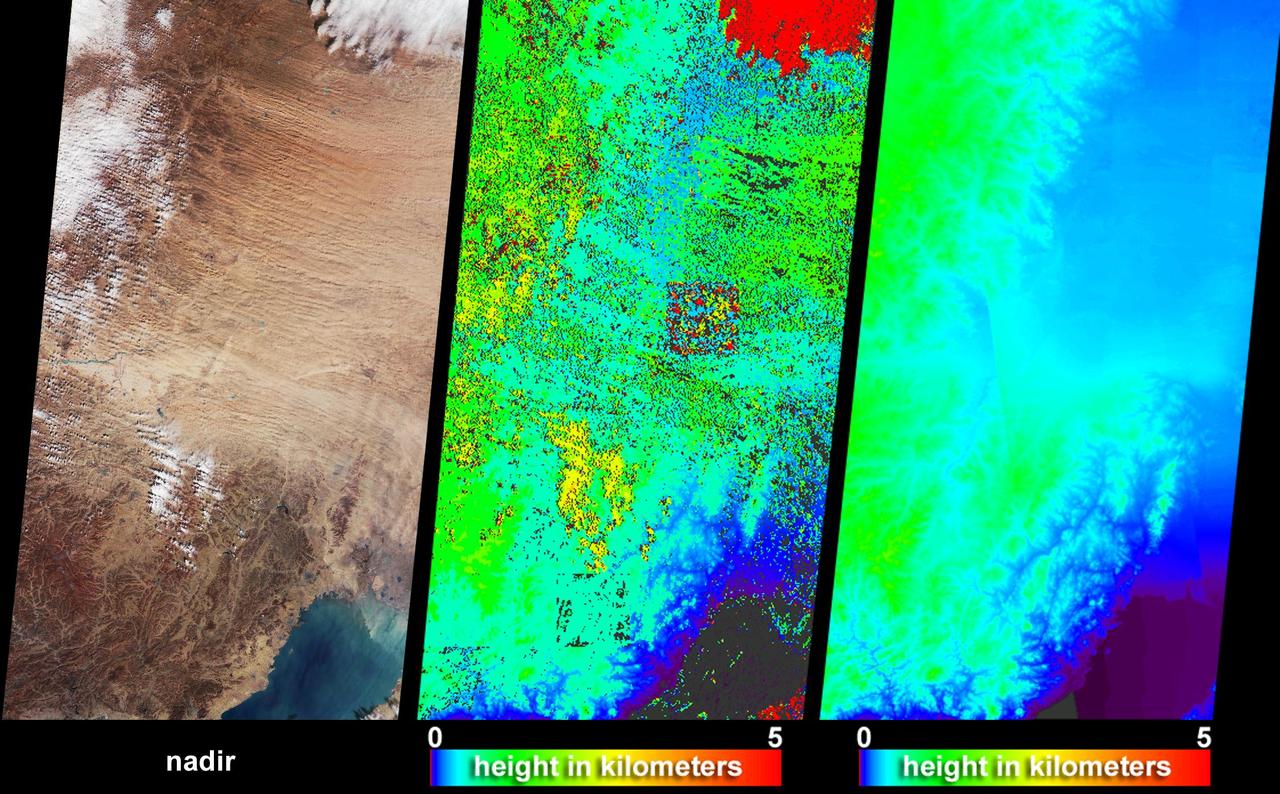 NASA Terra spacecraft captured these views of the dust and sand that swept over northeast China on March 10, 2004.