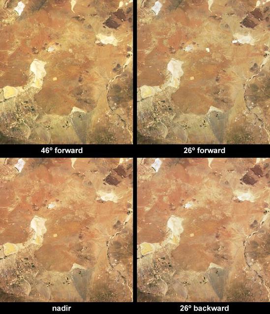 These images, from 8 April 2003 show that depending upon the position of the Sun, the solar power stations in California Mohave Desert can reflect solar energy from their large, mirror-like surfaces directly toward one of NASA Terra cameras.