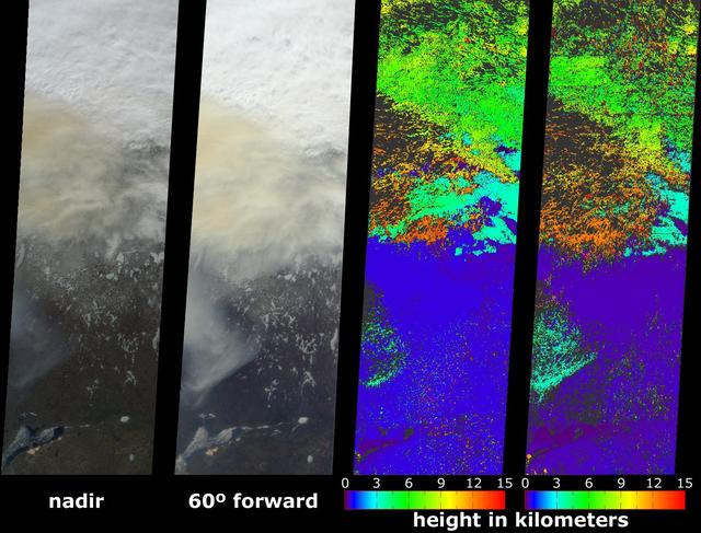 A look at smoke from the Chisholm forest fire, which ignited on May 23, 2001 about 160 kilometers north of Edmonton in Alberta, Canada, as seen by NASA Terra spacecraft.