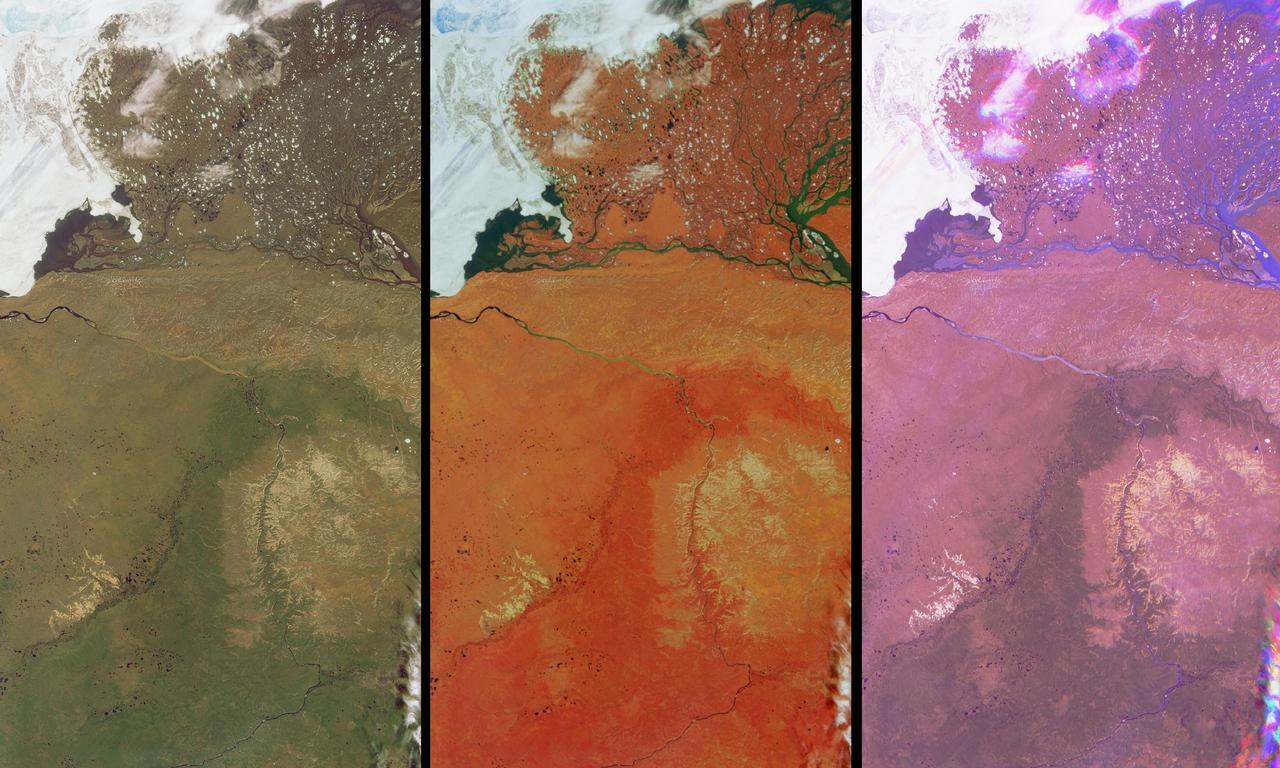 These views of the Russian Arctic were acquired by NASA Terra spacecraft on July 11, 2004, when the brief arctic summer had transformed the frozen tundra and the thousands of lakes, channels, and rivers of the Lena Delta into a fertile wetland.