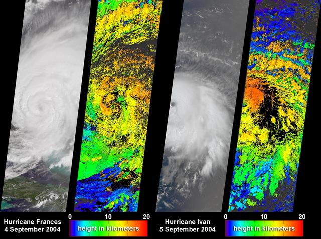 NASA Terra spacecraft captured these images and cloud-top height retrievals of Hurricane Frances on September 4, 2004, when the eye sat just off the coast of eastern Florida, and Hurricane Ivan on September 5th.