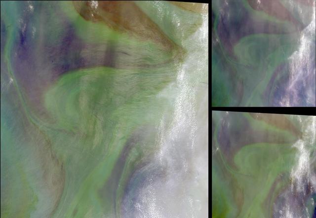 In the Arabian Sea, sunlight and nutrients has fueled a startling occurrence of colorful phytoplankton and bacterial assemblages, which is captured in these natural color images from NASA Terra spacecraft October 2, 2004.