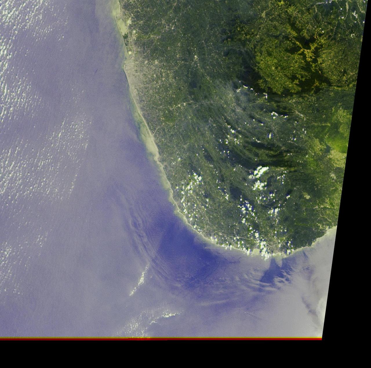 The initial tsunami waves resulting from the undersea earthquake that occurred at 00:58:53 UTC Coordinated Universal Time on 26 December 2004 off the island of Sumatra, Indonesia, as seen by NASA Terra spacecraft.