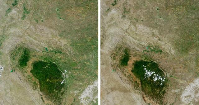Despite good rainfall and record-setting snowstorms in the spring of 2005, most of northeastern Wyoming, the Black Hills, and western South Dakota remained in the midst of a severe drought. These images are from NASA Terra spacecraft.