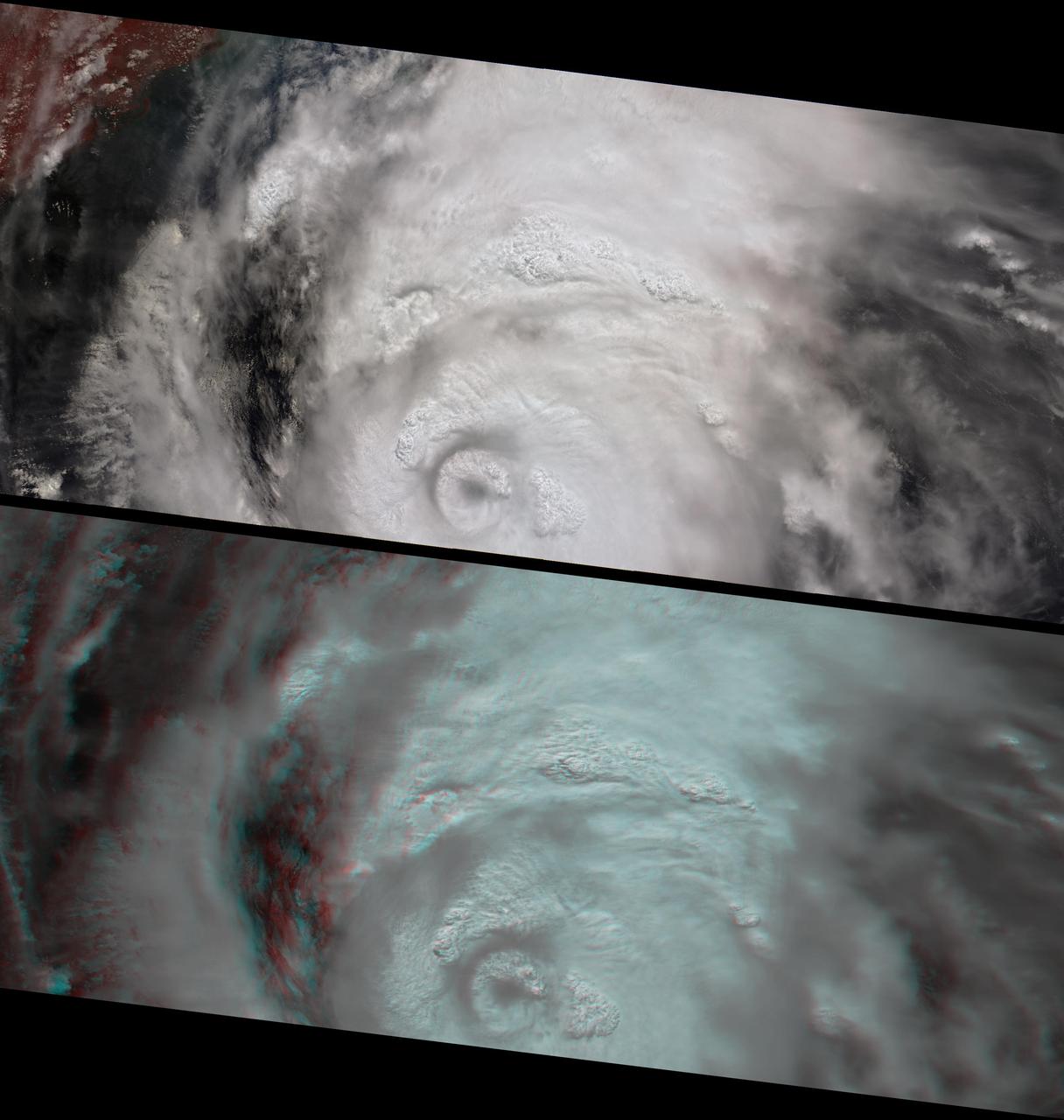 This anaglyph from the MISR instrument aboard NASA Terra spacecraft shows the strong convective development of Hurricane Katrina as it moved west through the Gulf of Mexico. 3D glasses are necessary to view this image.