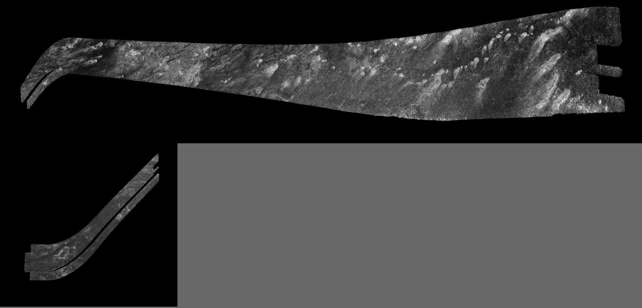 These images were obtained by NASA's Cassini radar instrument during a flyby on Feb. 22, 2008.  The radar antenna was pointing toward Titan at an altitude of 1,000 kilometers (621 miles) during the closest approach.  https://photojournal.jpl.nasa.gov/catalog/PIA04392